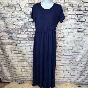 AUOMITH Navy Blue Short Sleeve  Loose Plain Summer Maxi Casual Empi